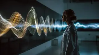 Scientifique observant des formes d’ondes abstraites, illustrant l’étude du monde électromagnétique invisible.
