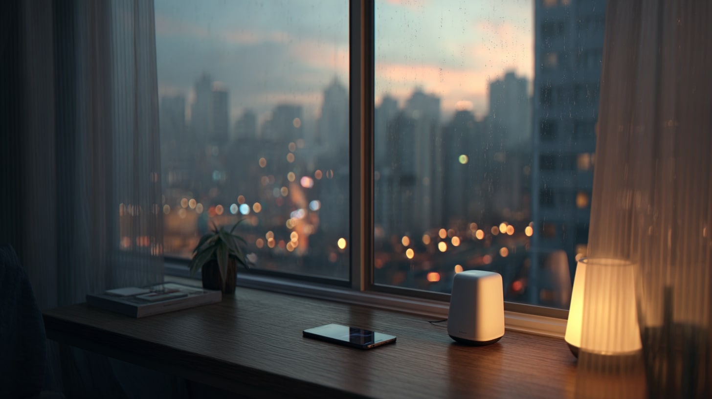 Intérieur d’un appartement urbain connecté, symbolisant la présence discrète des ondes dans la vie quotidienne.
