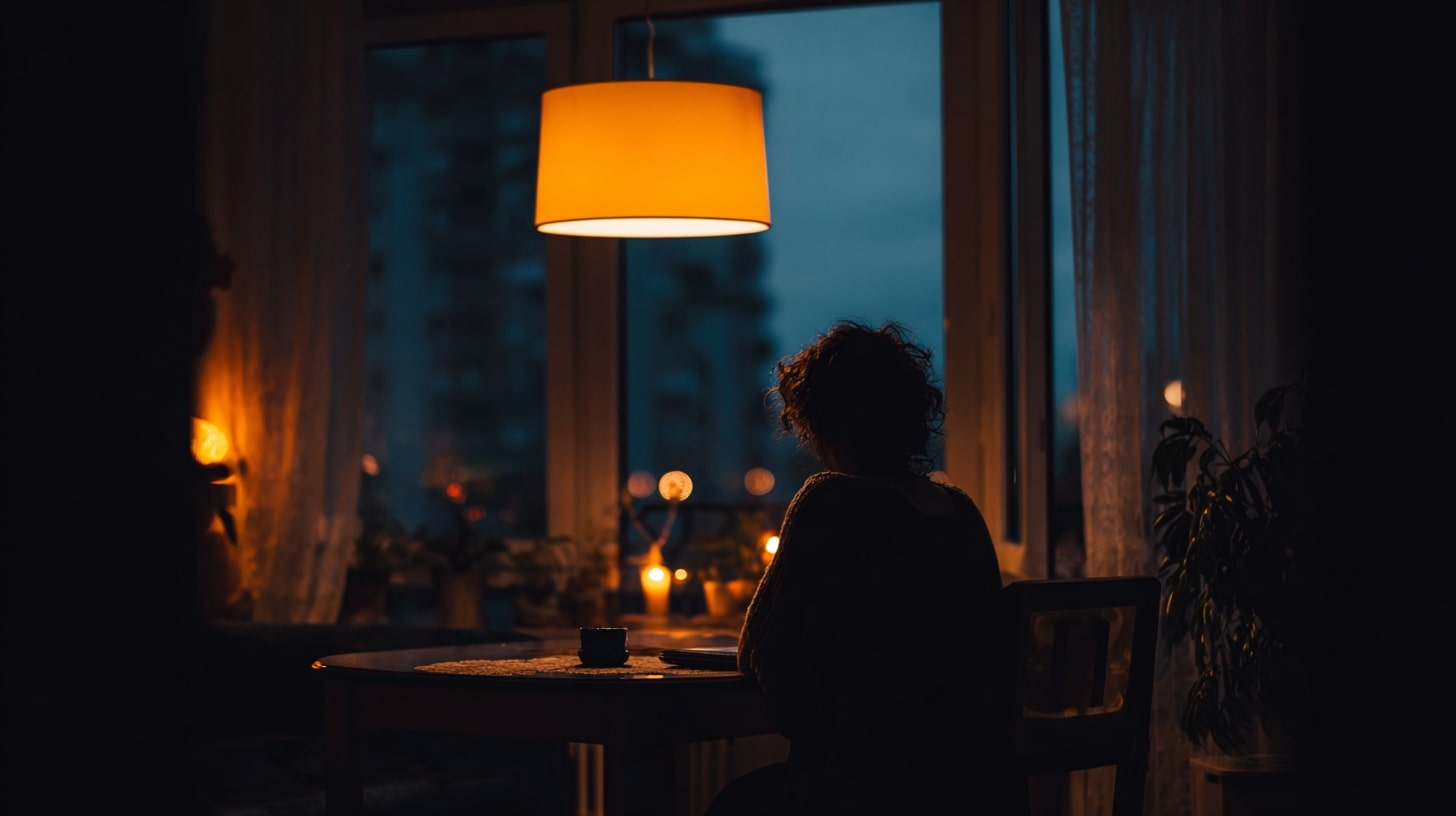 Personne seule dans un intérieur urbain le soir, évoquant la réflexion sur la place des ondes dans la vie moderne.