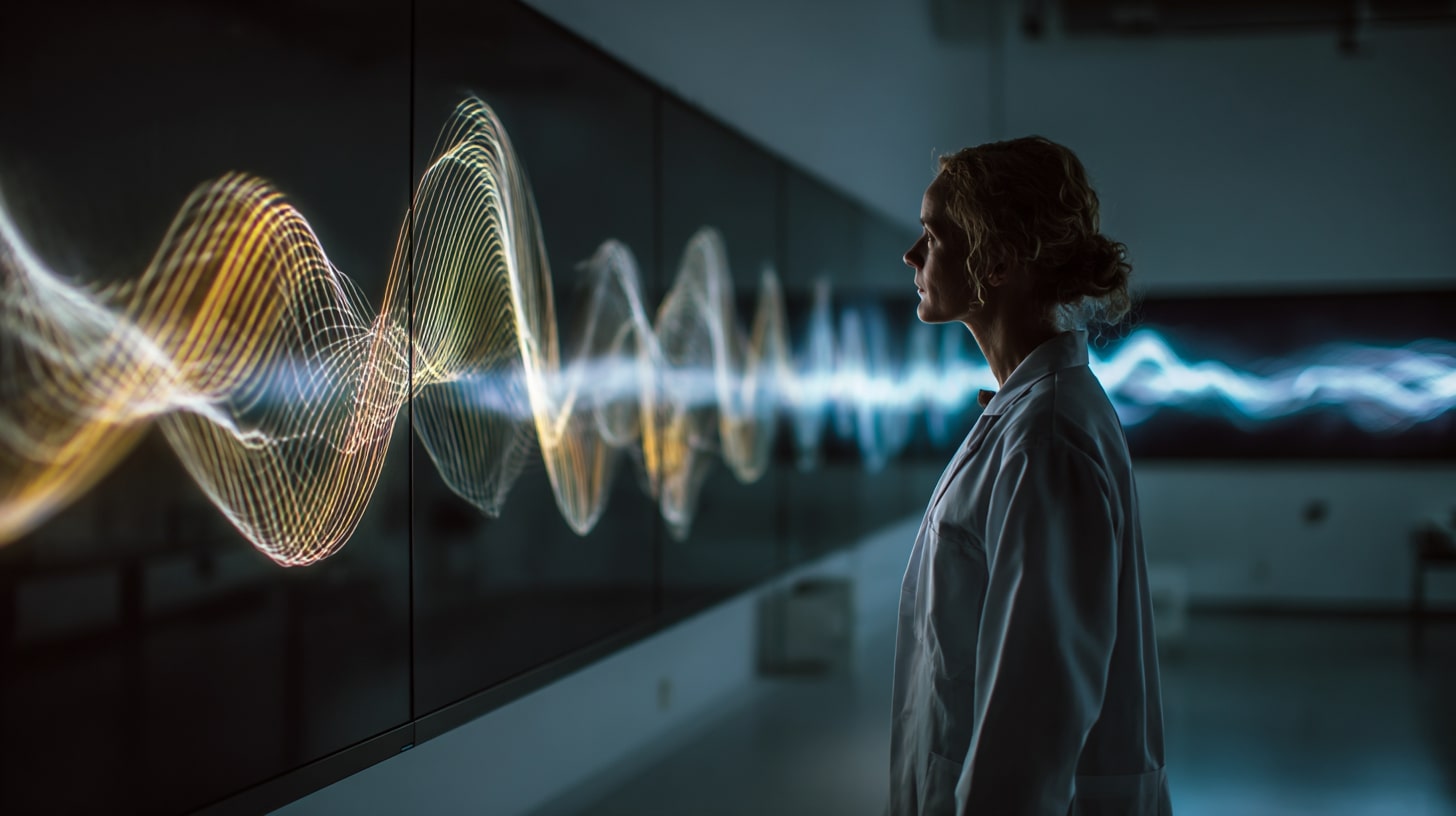 Scientifique observant des formes d’ondes abstraites, illustrant l’étude du monde électromagnétique invisible.