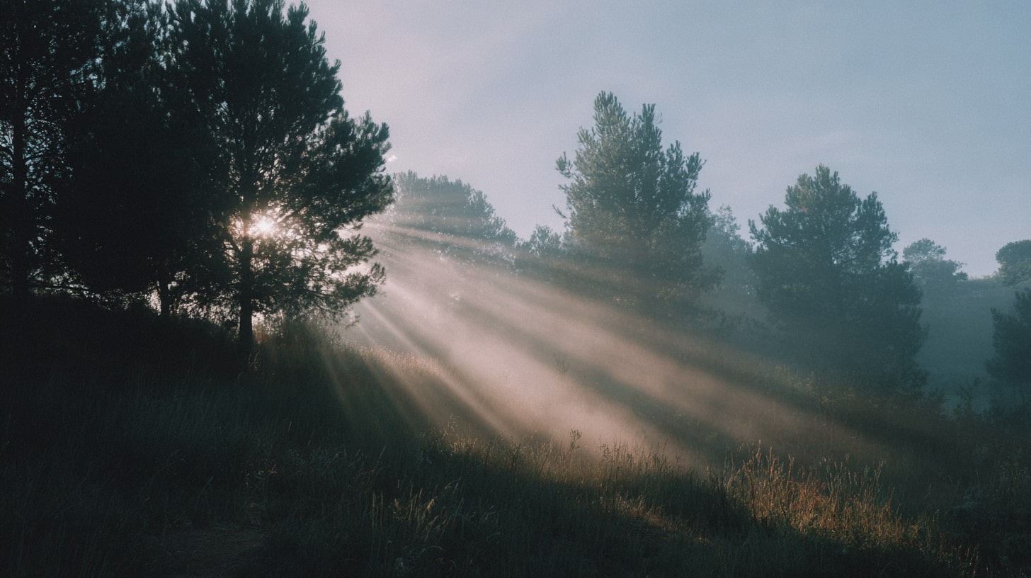 Rayons de soleil traversant un paysage naturel, rappelant que les ondes font partie des phénomènes naturels.